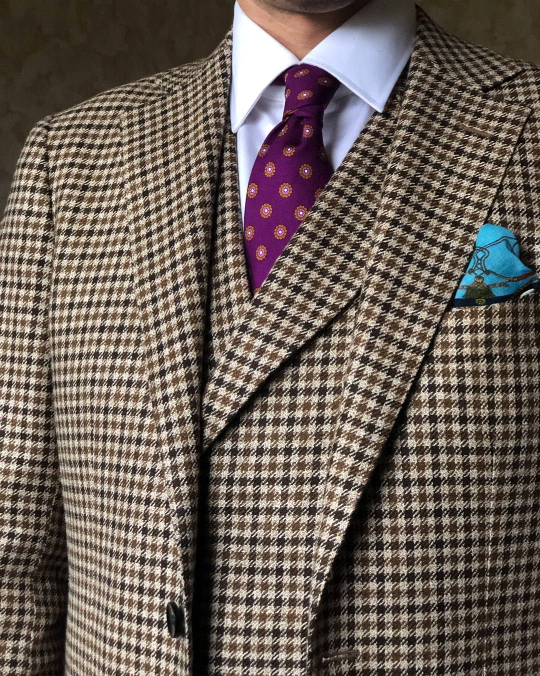 Three-Piece Houndstooth Suit, White Shirt and Purple Floral Tie