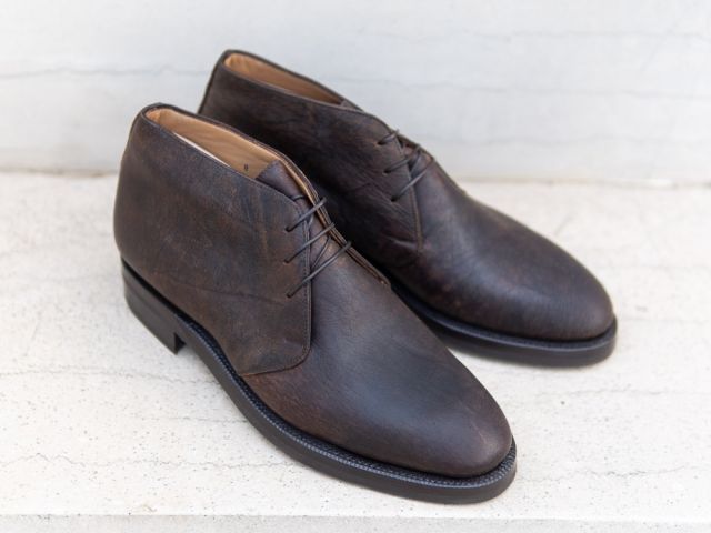 A Pair of Enzo Bonafe 3403MOD Chukka Boots in Snuff Brown Kudu Leather made for The Noble Shoe